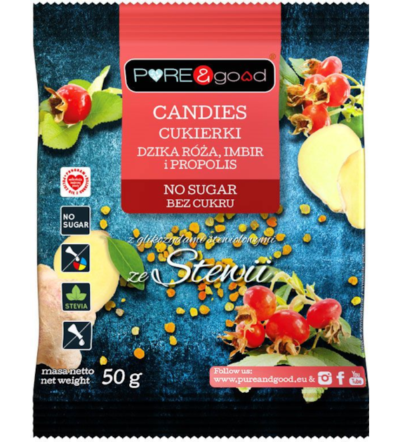 Cukierki landrynki dzika róża imbir propolis bez cukru 50g PURE&GOOD