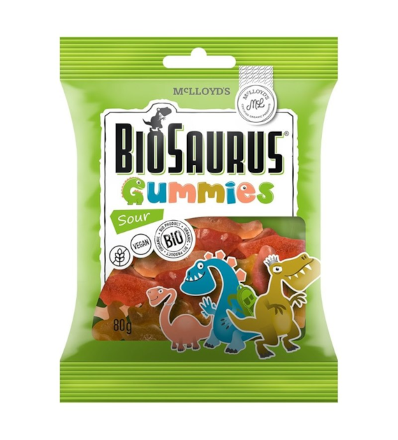 Żelki owocowe kwaśne Dinozaury bez żelatyny 80g BIOSAURUS BIO