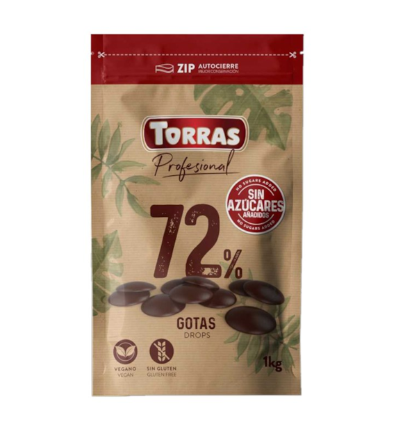 Kropelki / dropsy czekoladowe 72% kakao bez cukru 1kg TORRAS