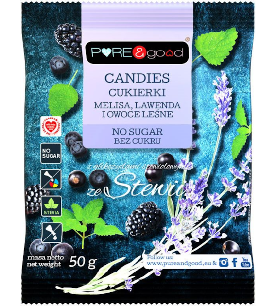 Cukierki landrynki melisa lawenda owoce leśne bez cukru 50g PURE&GOOD