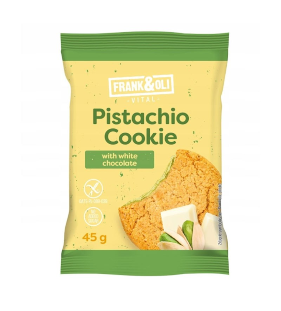 Ciasteczko miękkie pistacjowe z białą czekoladą bez cukru 45g FRANK&OLI