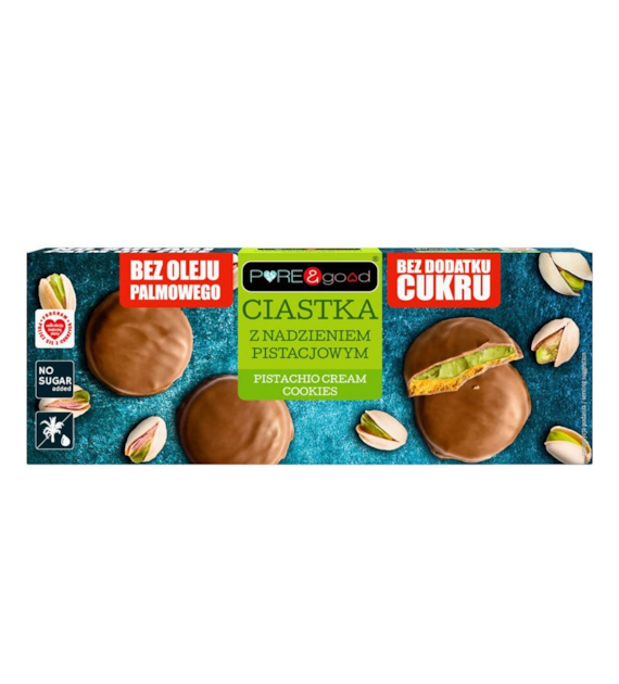Ciastka z kremem pistacjowym w polewie czekoladowej bez cukru 96g PURE&GOOD - najlepiej spożyć przed: 19.09.2026