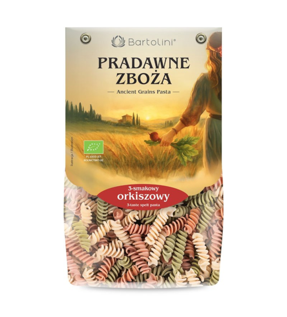 Makaron orkiszowy Pradawne Zboża trzy kolory świderek 250g BARTOLINI BIO