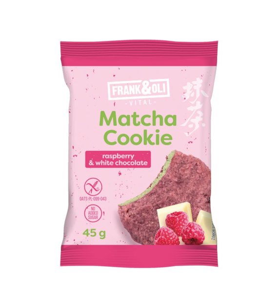 Miękkie ciasteczko owsiane Matcha z malinami i białą czekoladą bez cukru 45g FRANK&OLI