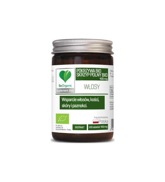 Tabletki WŁOSY skrzyp polny & pokrzywa 400mg 100szt. BEORGANIC BIO - suplement diety
