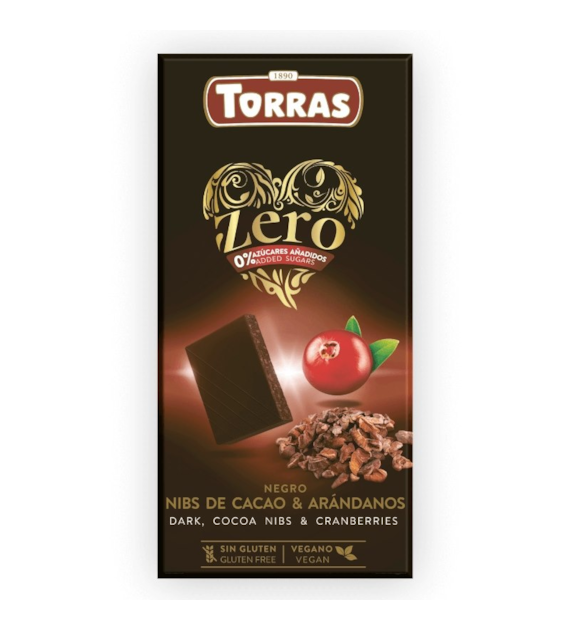 Czekolada gorzka z kruszonym kakao i żurawiną bez cukru 125g TORRAS ZERO