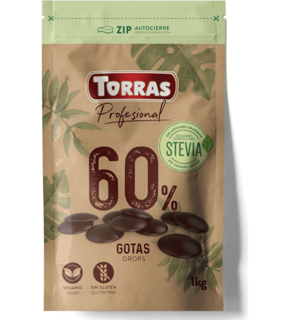 Kropelki / dropsy czekoladowe 60% kakao bez cukru 1kg TORRAS PROFESIONAL