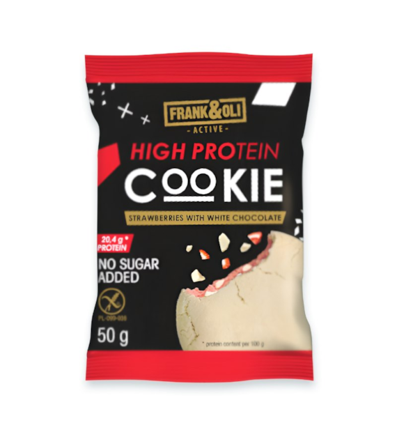 Ciasteczko proteinowe Truskawkowe z białą czekoladą bez cukru 50g FRANK&OLI