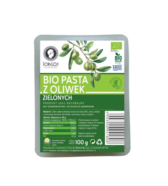 Pasta z oliwek zielonych 100g IORGOS BIO - najlepiej spożyć przed: 01.12.2026