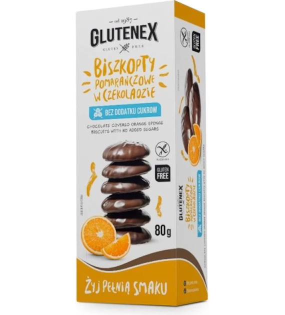 Biszkopty pomarańczowe w czekoladzie bezglutenowe bez cukru 80g GLUTENEX