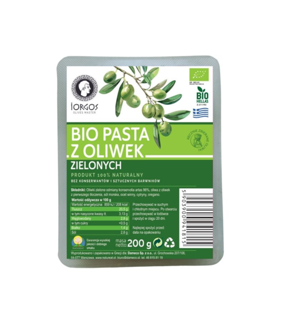 Pasta z oliwek zielonych 200g IORGOS BIO - najlepiej spożyć przed: 01.12.2026